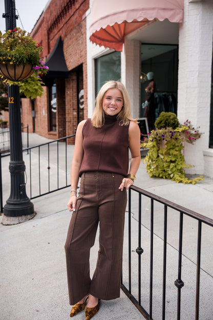 Sleeveless Center Seam Turtleneck Top - Brown