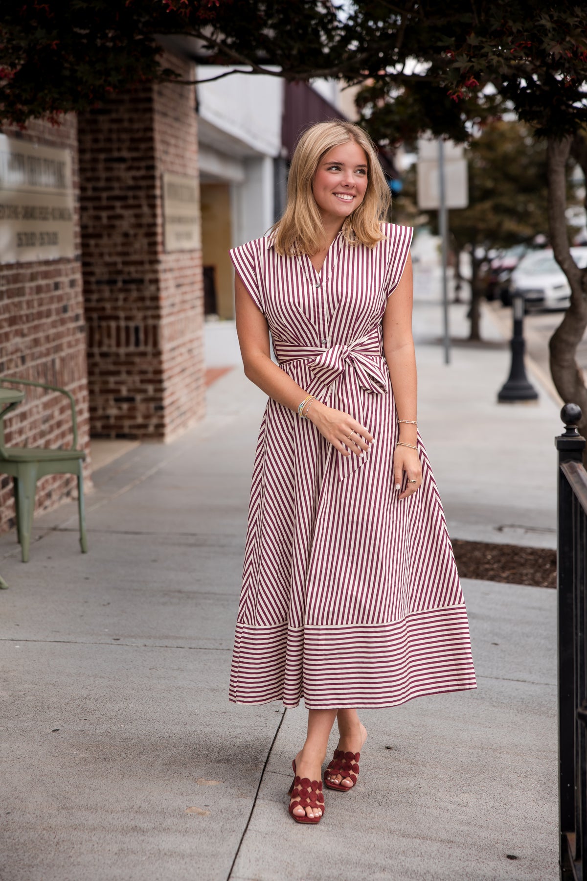 Striped Cap Sleeve Midi Dress - Burgundy