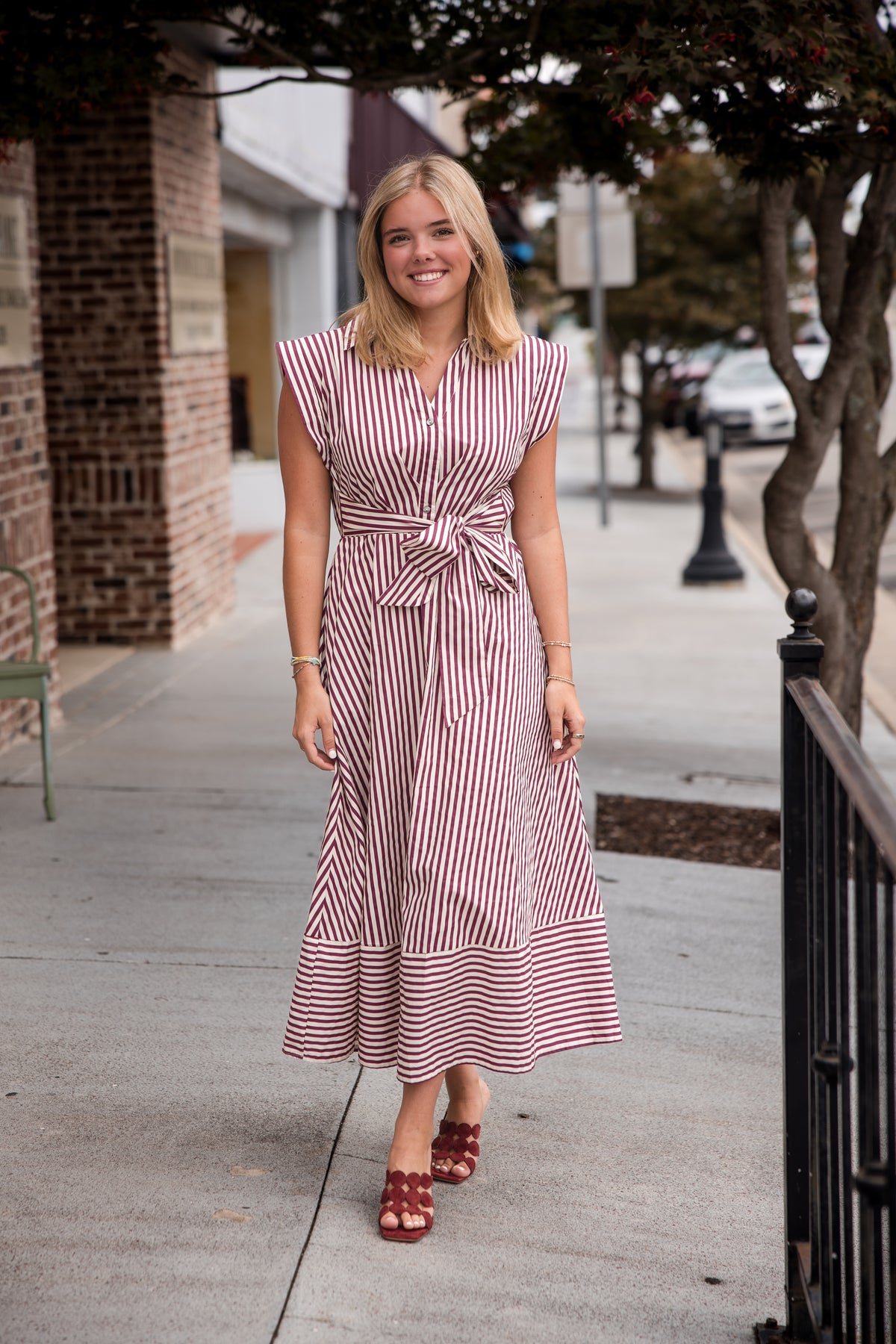 Striped Cap Sleeve Midi Dress - Burgundy