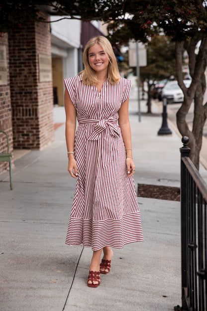 Striped Cap Sleeve Midi Dress - Burgundy