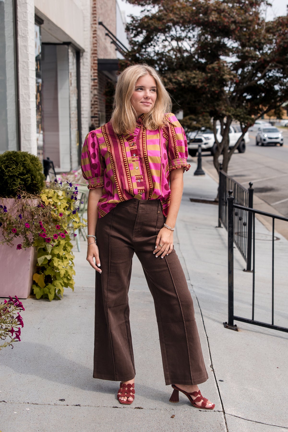 Mixed Print Short Puff Sleeve Top - Plum