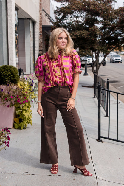 Mixed Print Short Puff Sleeve Top - Plum