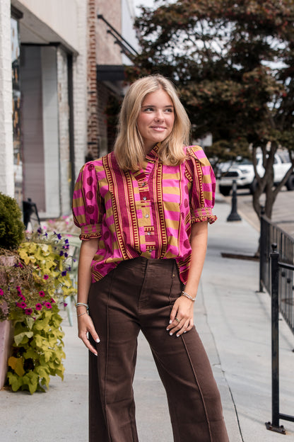 Mixed Print Short Puff Sleeve Top - Plum