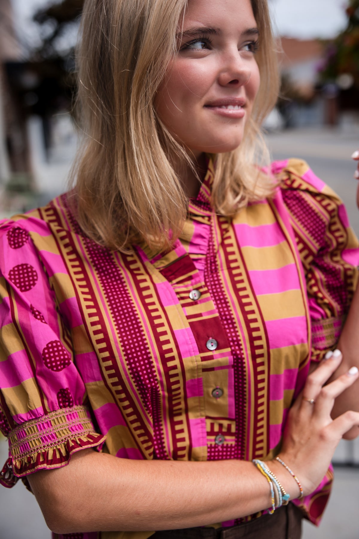 Mixed Print Short Puff Sleeve Top - Plum