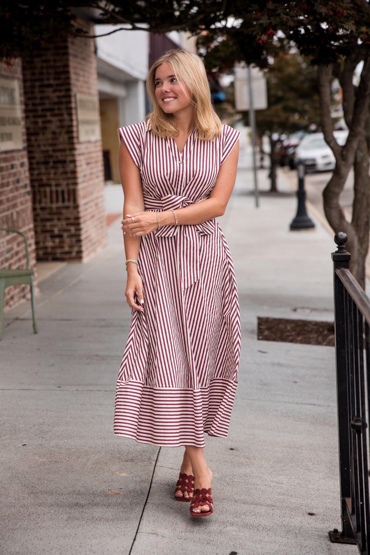 Striped Cap Sleeve Midi Dress - Burgundy