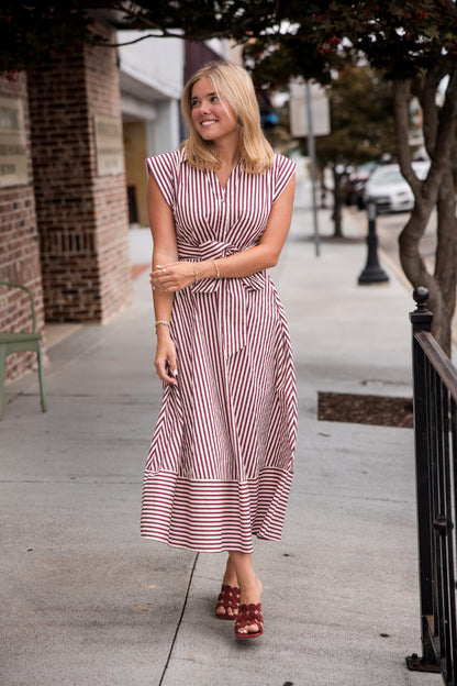 Striped Cap Sleeve Midi Dress - Burgundy