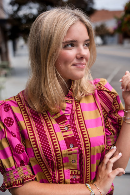 Mixed Print Short Puff Sleeve Top - Plum