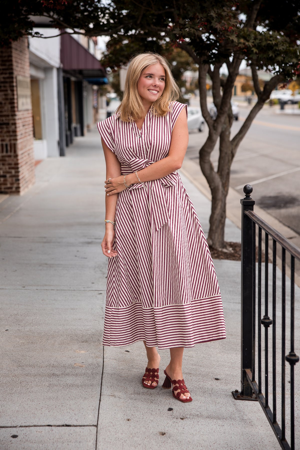 Striped Cap Sleeve Midi Dress - Burgundy