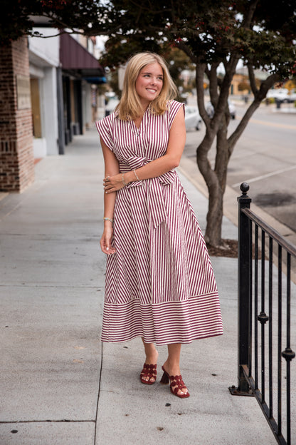 Striped Cap Sleeve Midi Dress - Burgundy