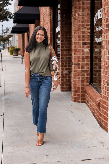Sleeveless Center Seam Turtleneck Top - Olive