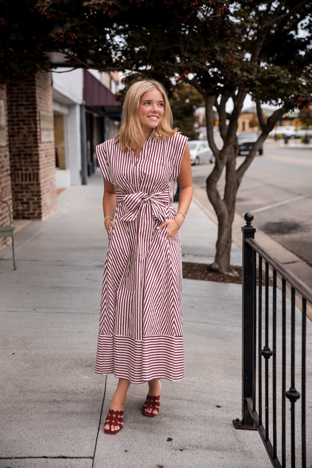 Striped Cap Sleeve Midi Dress - Burgundy