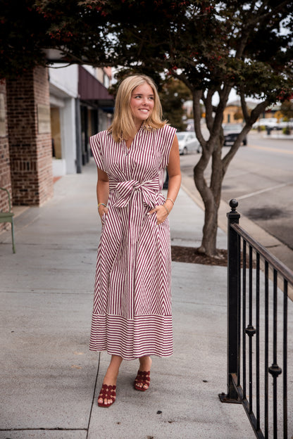 Striped Cap Sleeve Midi Dress - Burgundy