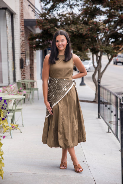 Midi Dress with Scarf Overlay - Olive