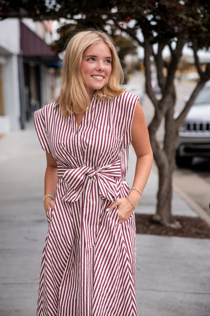Striped Cap Sleeve Midi Dress - Burgundy