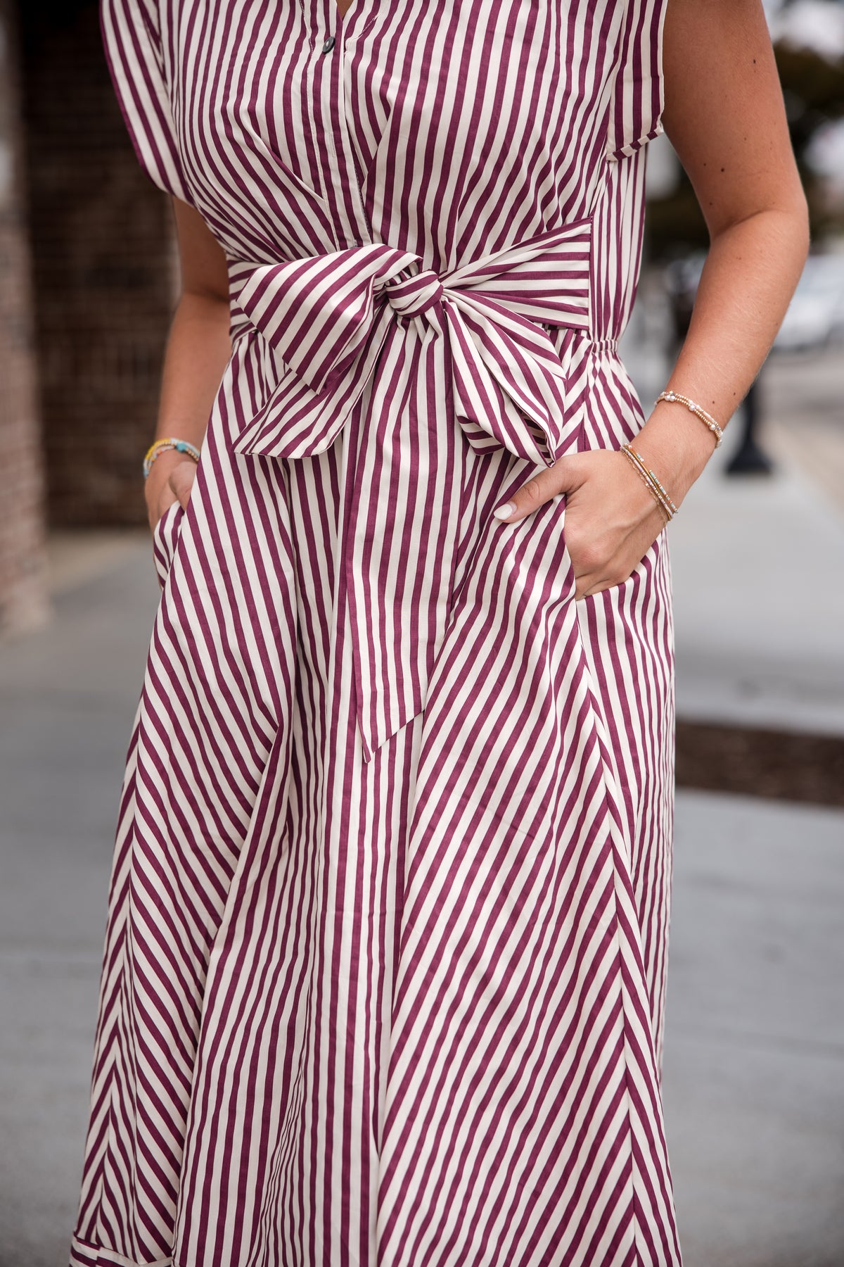 Striped Cap Sleeve Midi Dress - Burgundy