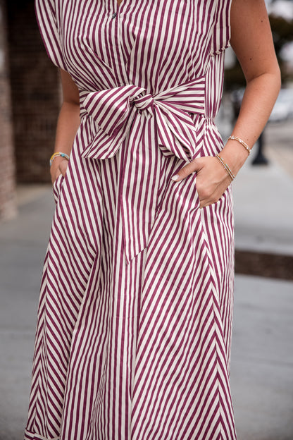 Striped Cap Sleeve Midi Dress - Burgundy