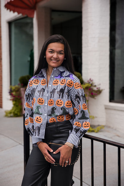 Queen of Sparkles Black & White Striped Witch Hat, Pumpkin & Cat Icon Cotton Button Up Top