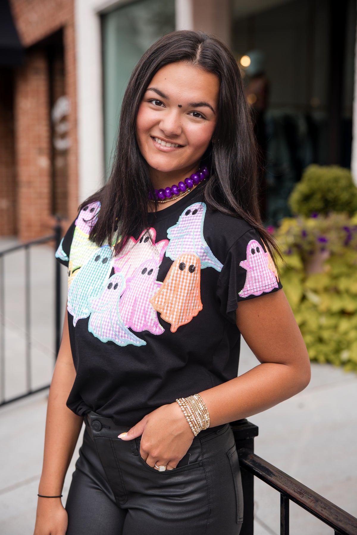 Queen of Sparkles Black Multi Gingham Ghost Patch Tee Shirt