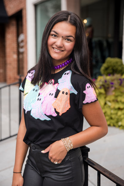 Queen of Sparkles Black Multi Gingham Ghost Patch Tee Shirt
