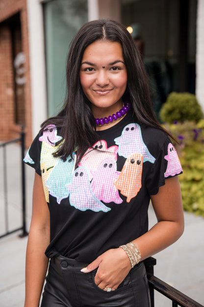 Queen of Sparkles Black Multi Gingham Ghost Patch Tee Shirt
