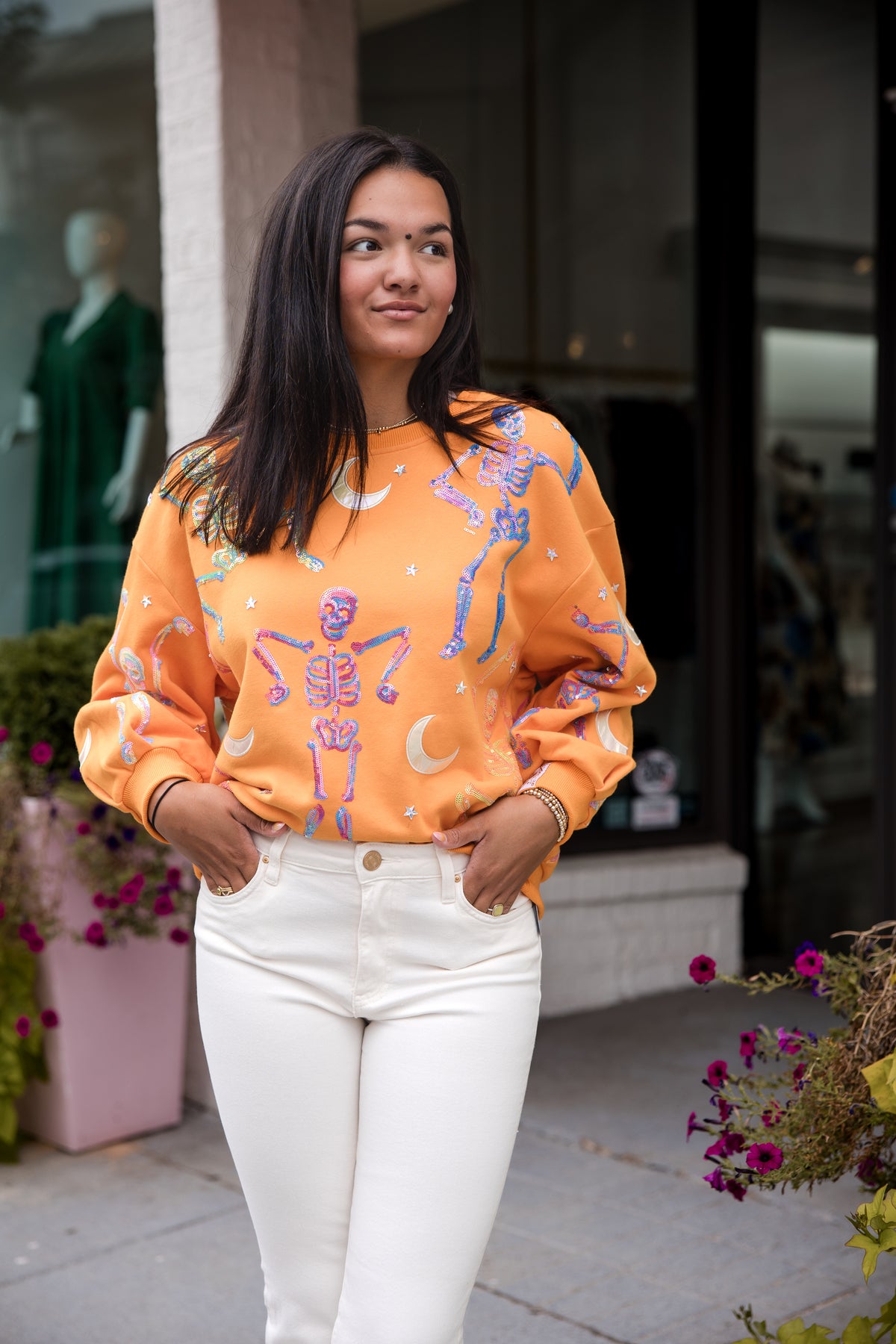 Queen of Sparkles Orange Dancing Skeleton Sweatshirt