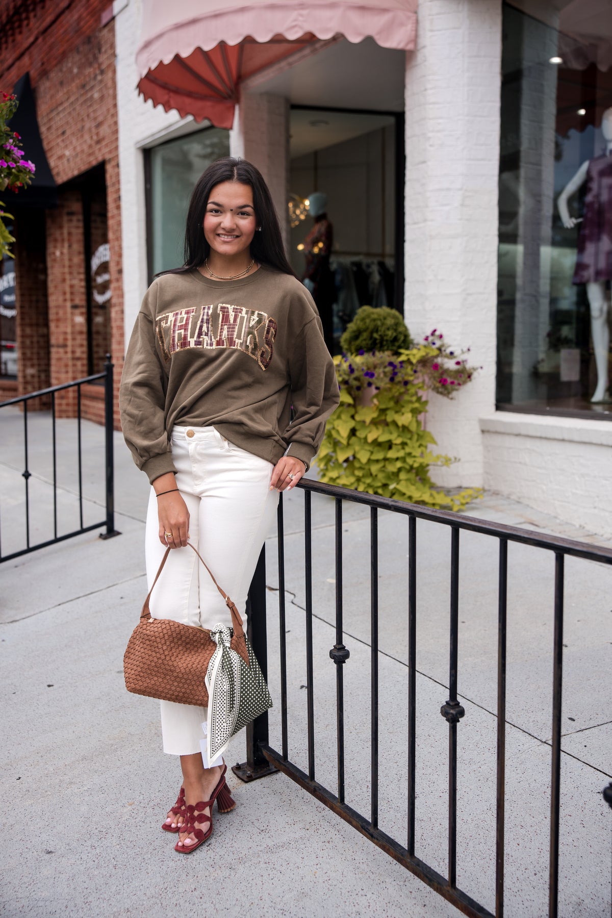 Queen of Sparkles Brown Plaid 'Thanks' Sweatshirt