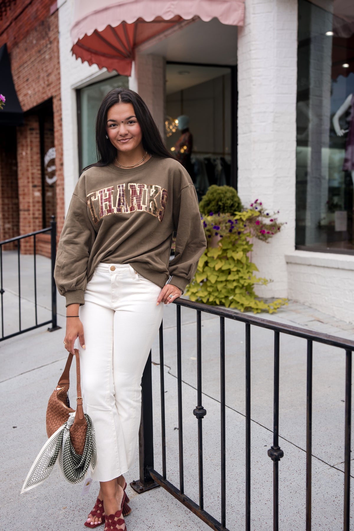 Queen of Sparkles Brown Plaid 'Thanks' Sweatshirt