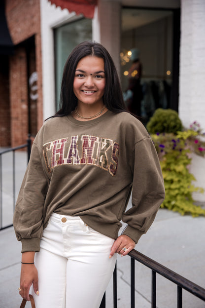 Queen of Sparkles Brown Plaid 'Thanks' Sweatshirt