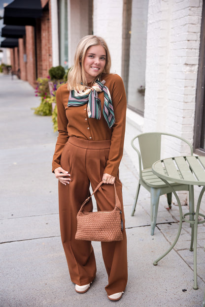Spanx Ribbed Knit Crewneck Cardigan Sweater - Brandy
