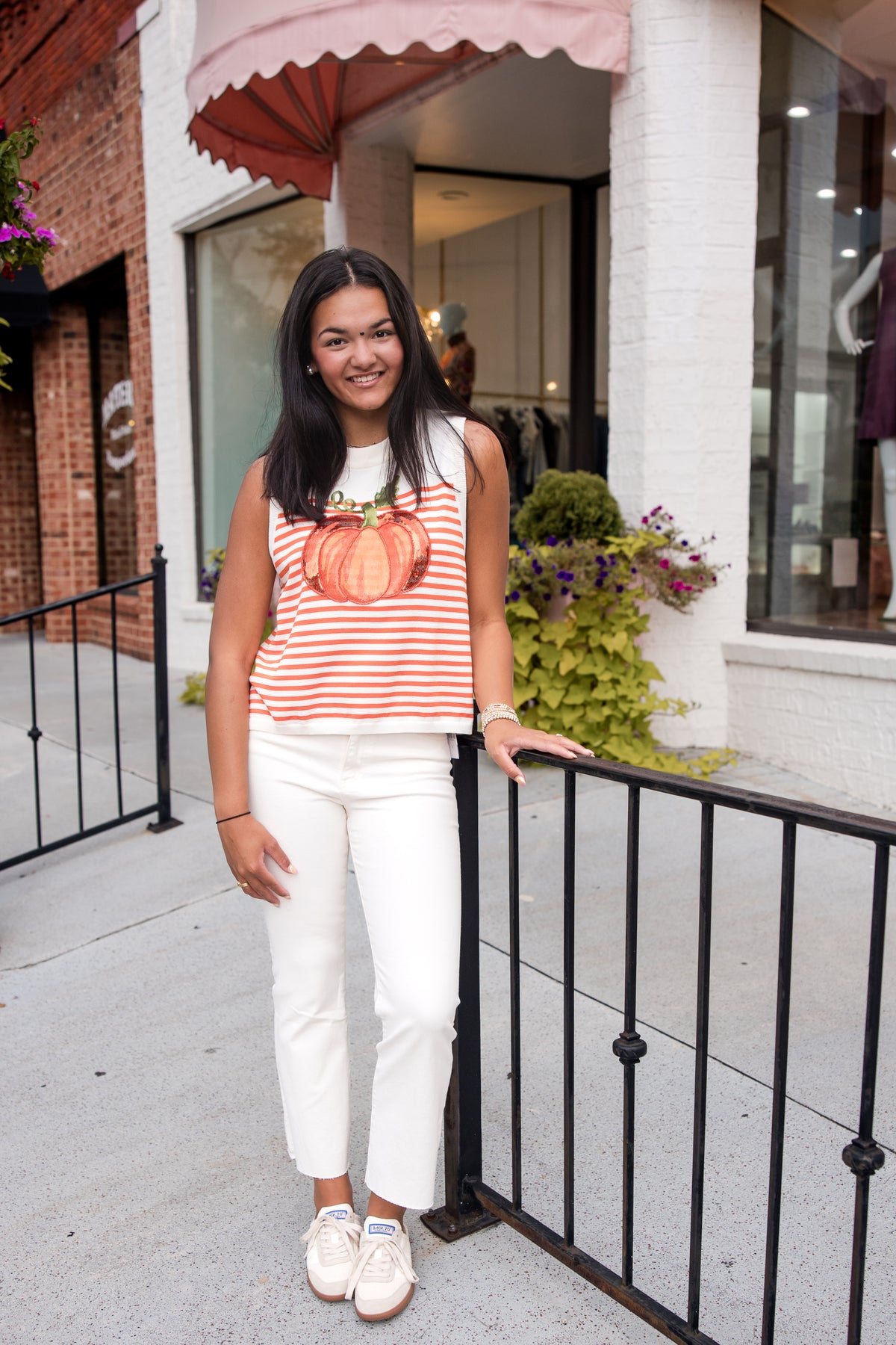 Queen of Sparkles Ivory & Orange Striped Pumpkin Knit Tank Top