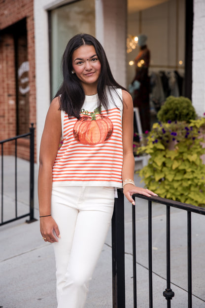 Queen of Sparkles Ivory & Orange Striped Pumpkin Knit Tank Top