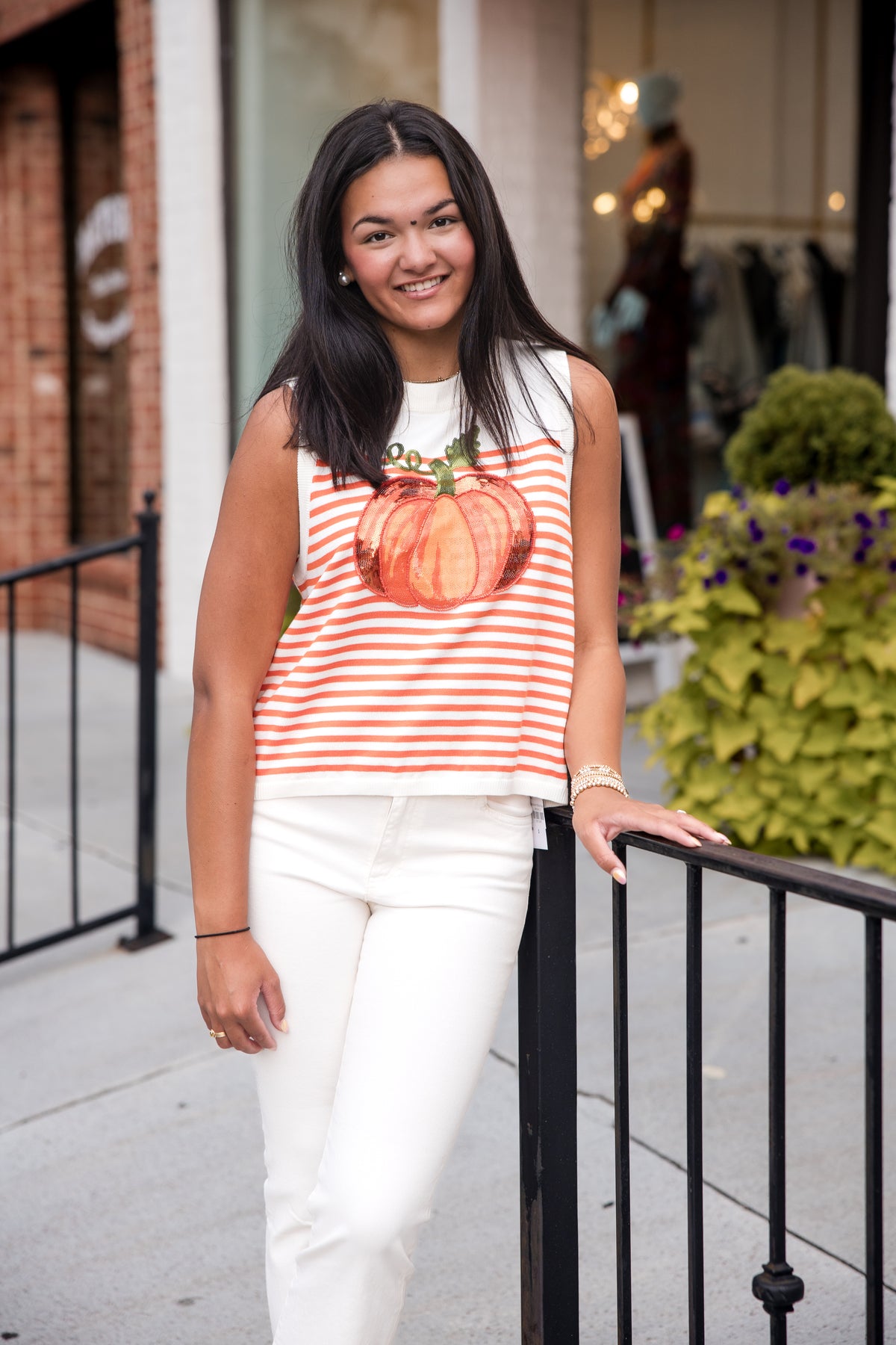 Queen of Sparkles Ivory & Orange Striped Pumpkin Knit Tank Top