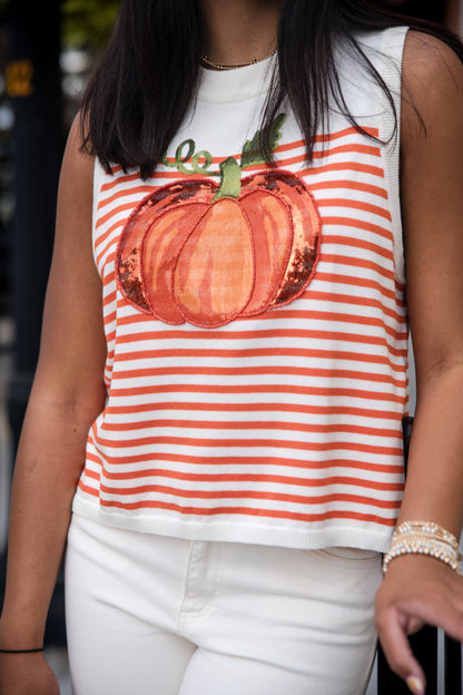 Queen of Sparkles Ivory & Orange Striped Pumpkin Knit Tank Top