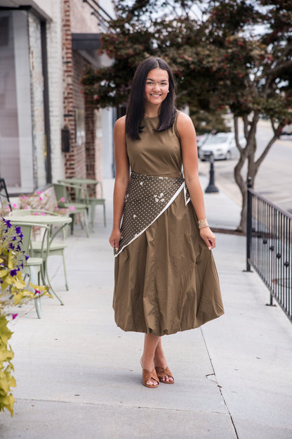 Midi Dress with Scarf Overlay - Olive