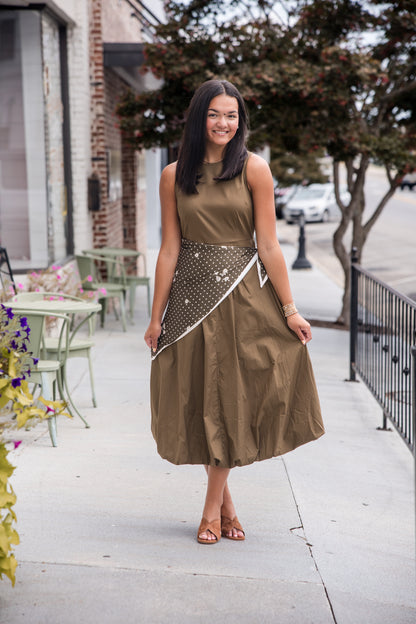 Midi Dress with Scarf Overlay - Olive