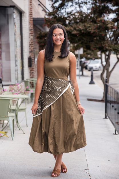 Midi Dress with Scarf Overlay - Olive