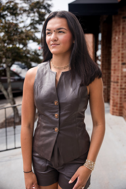 Oliver Leather Vest Top - Espresso