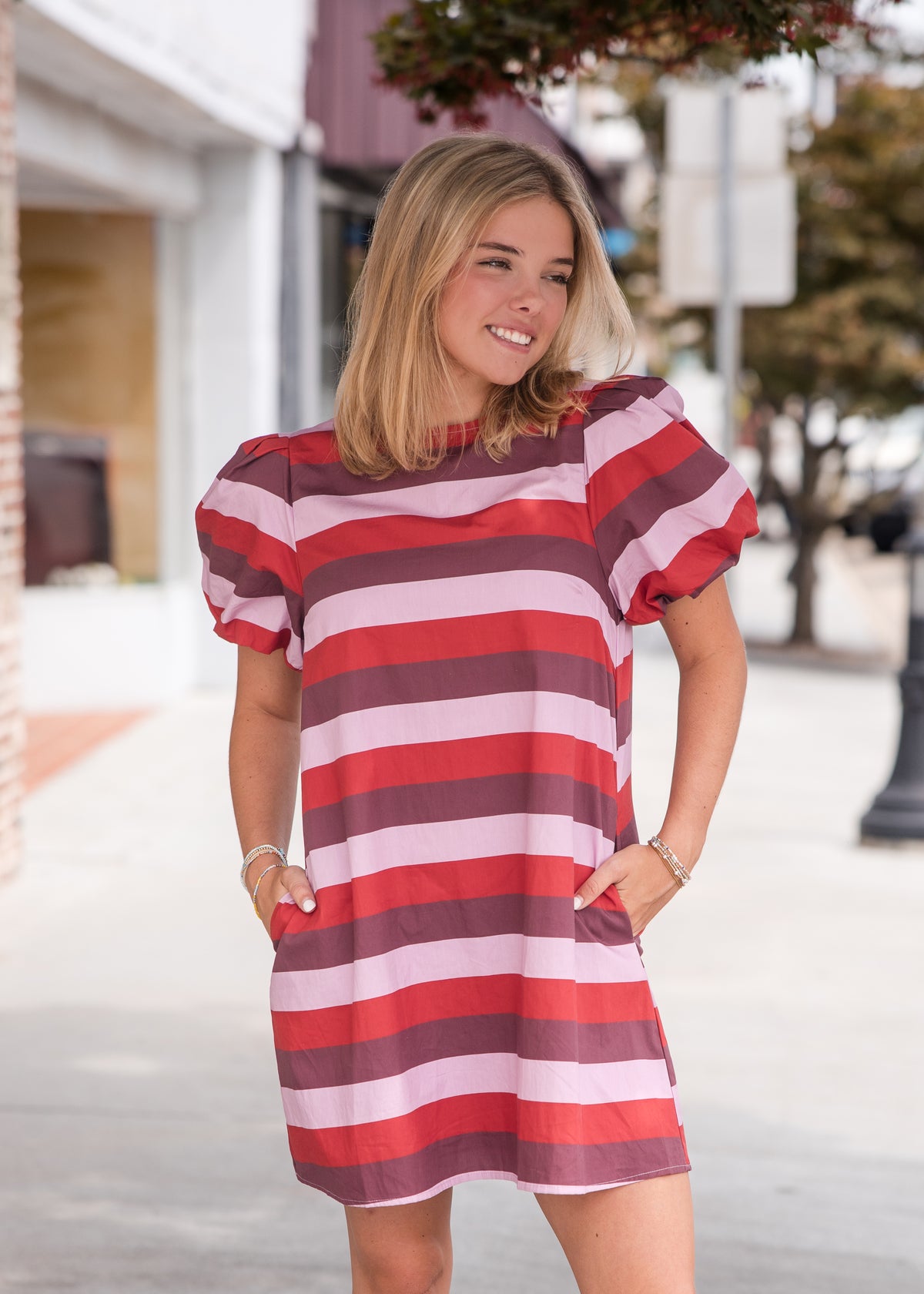 Stripe Short Puff Sleeve Mini Dress - Berry Combo