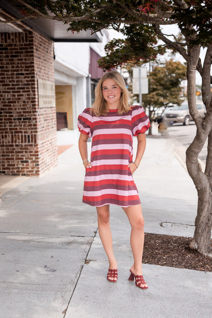 Stripe Short Puff Sleeve Mini Dress - Berry Combo