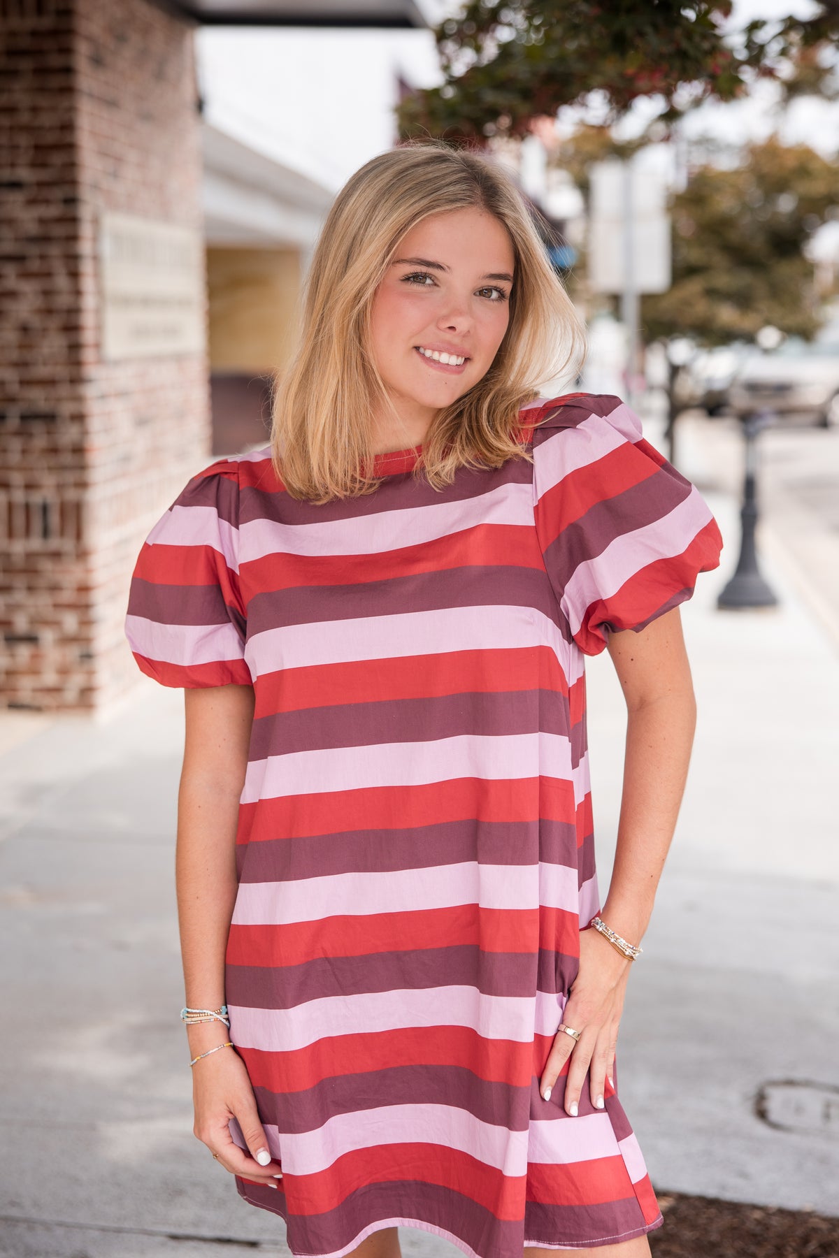 Stripe Short Puff Sleeve Mini Dress - Berry Combo