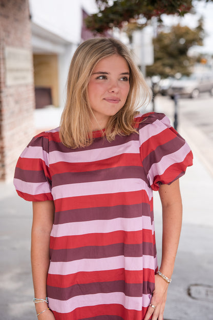 Stripe Short Puff Sleeve Mini Dress - Berry Combo