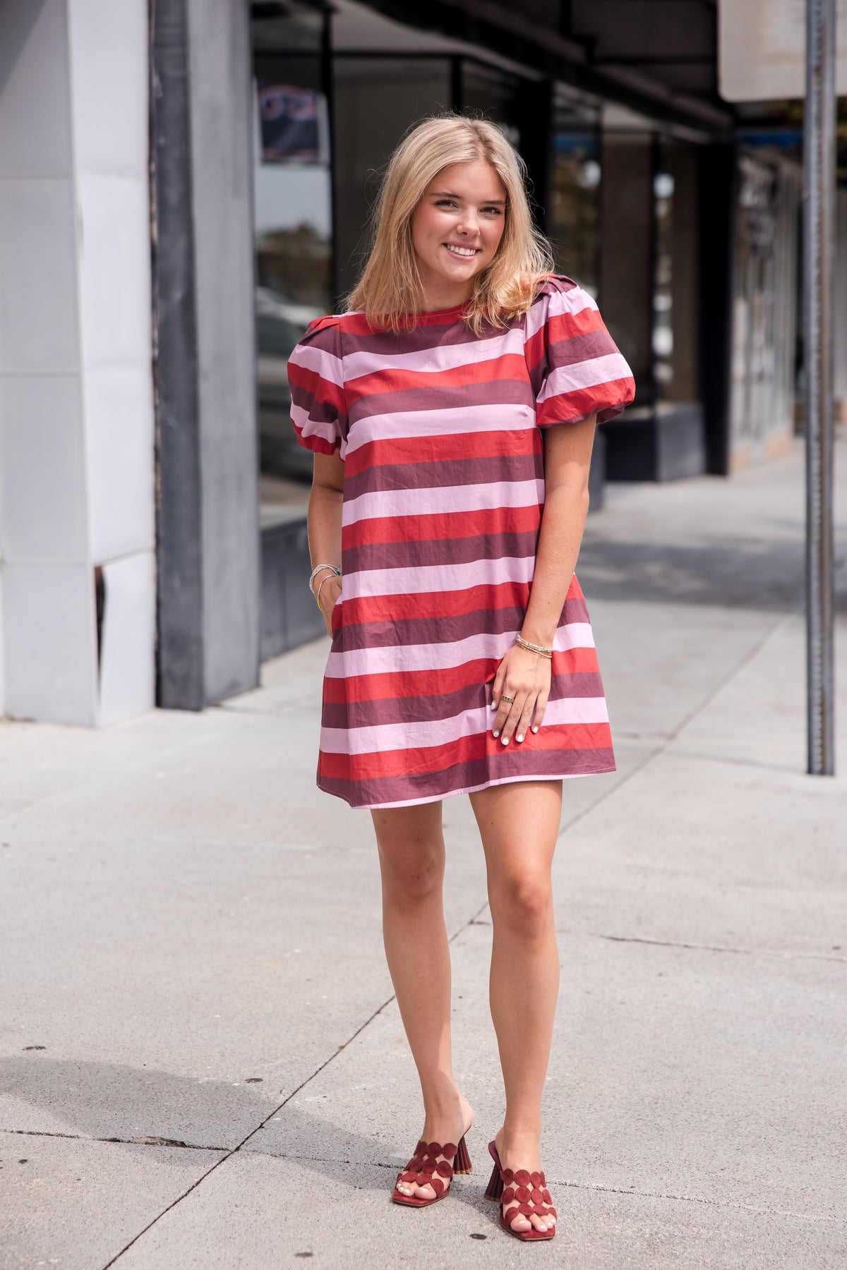 Stripe Short Puff Sleeve Mini Dress - Berry Combo