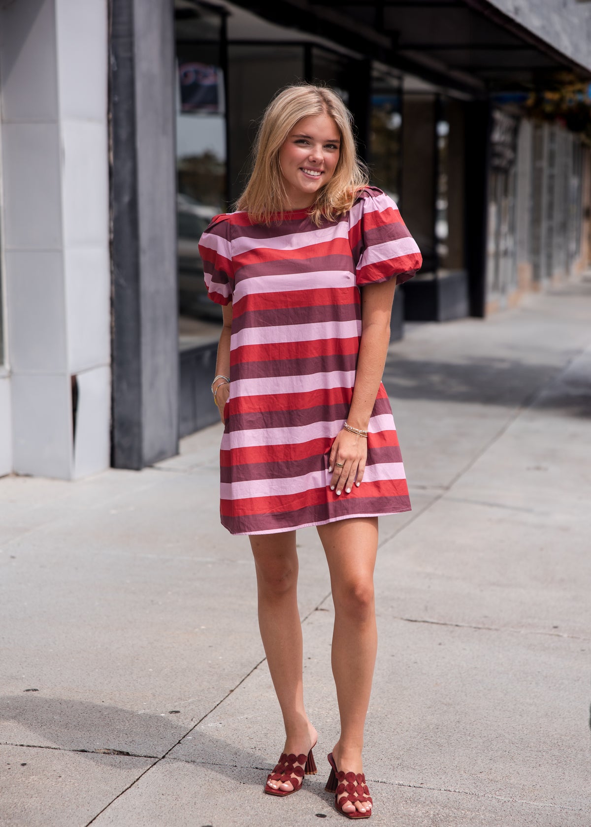 Stripe Short Puff Sleeve Mini Dress - Berry Combo