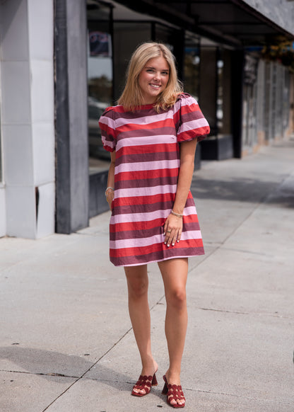 Stripe Short Puff Sleeve Mini Dress - Berry Combo
