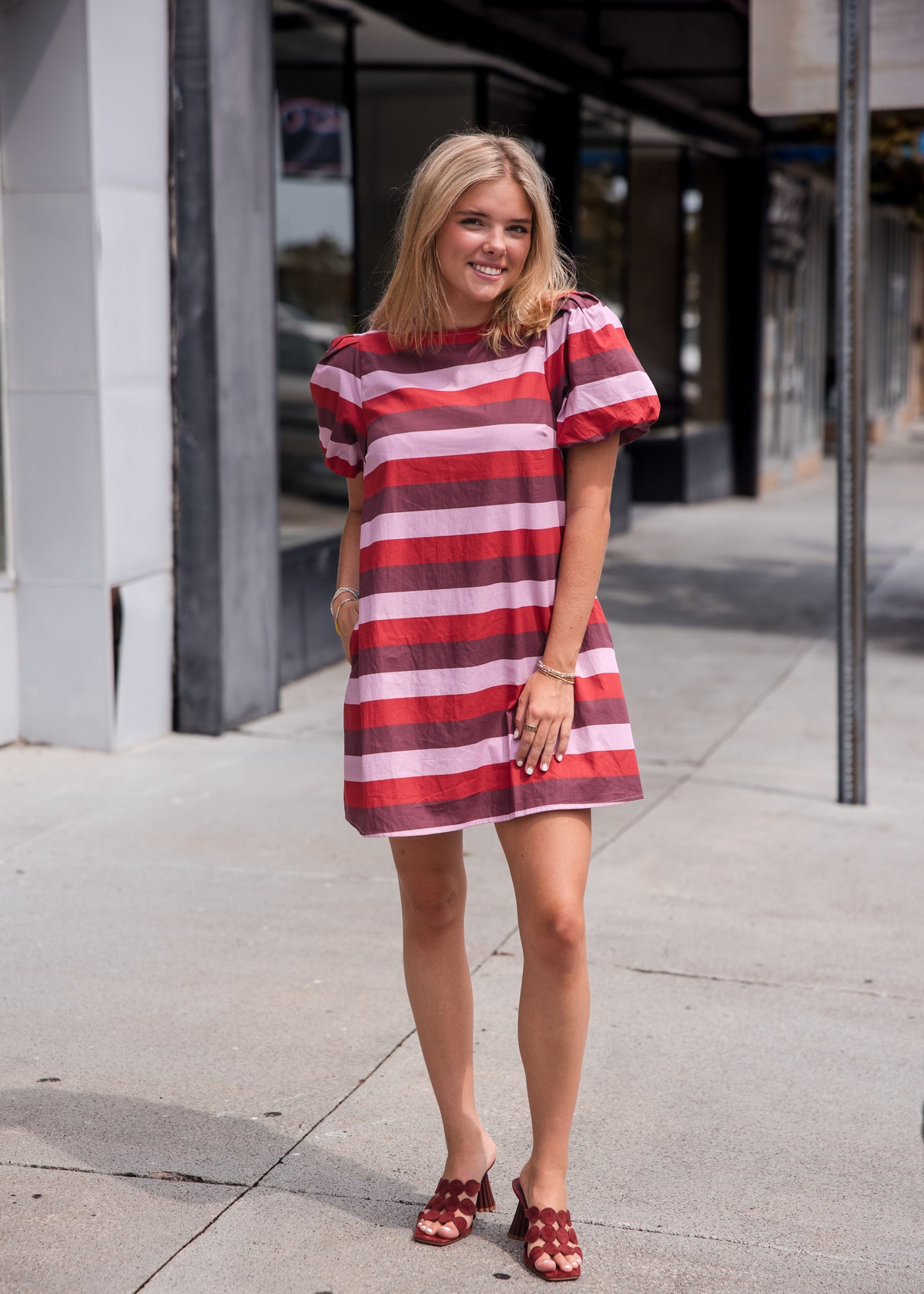 Stripe Short Puff Sleeve Mini Dress - Berry Combo