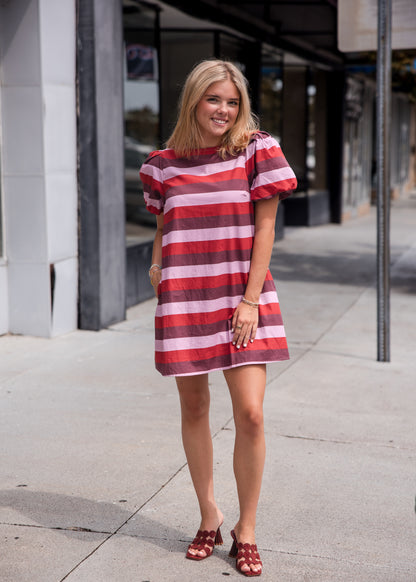 Stripe Short Puff Sleeve Mini Dress - Berry Combo