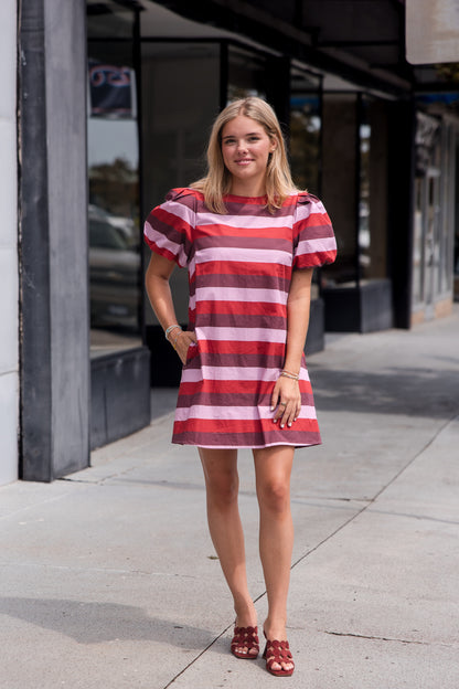 Stripe Short Puff Sleeve Mini Dress - Berry Combo