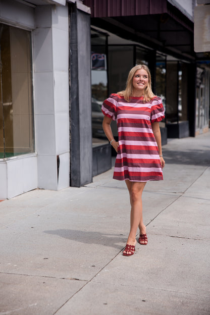 Stripe Short Puff Sleeve Mini Dress - Berry Combo