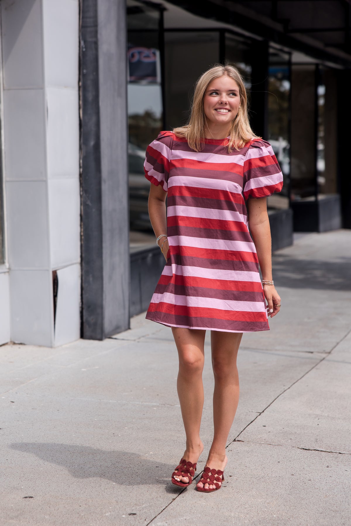 Stripe Short Puff Sleeve Mini Dress - Berry Combo