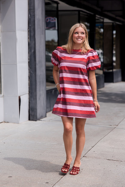 Stripe Short Puff Sleeve Mini Dress - Berry Combo